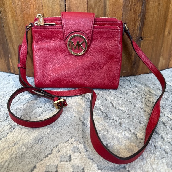 Michael Kors Red Pebble Leather Small Organizer Crossbody P - Picture 1 of 14